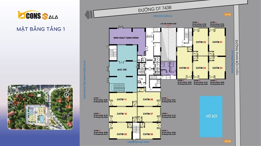 Mặt bằng tầng 1 dự án Bcons Sala