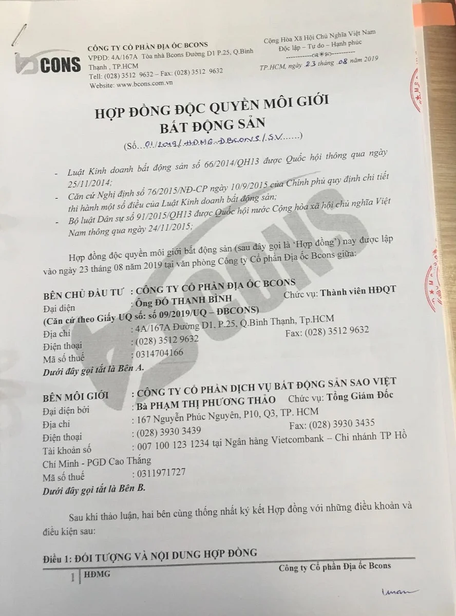 hợp đồng mô giới độc quyền Bcons Garden